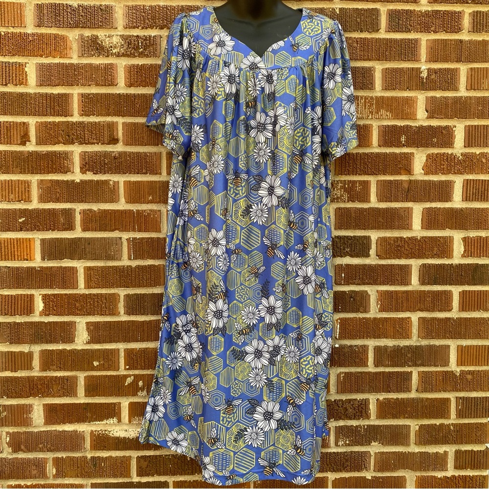 Anthony Richards NWOT blue Floral Bees House dress Grandmacore Mumu Caftan Sz L